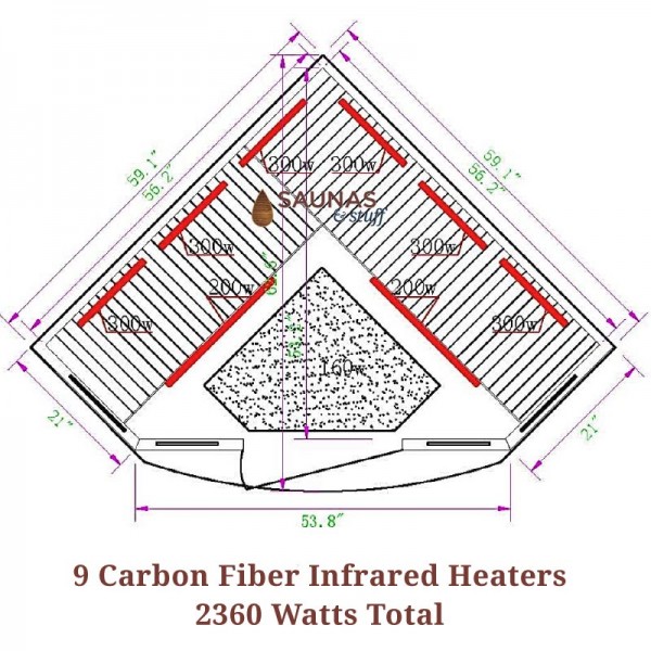 3 Person Corner Red Cedar Infrared Sauna - Heaters/Dimensions